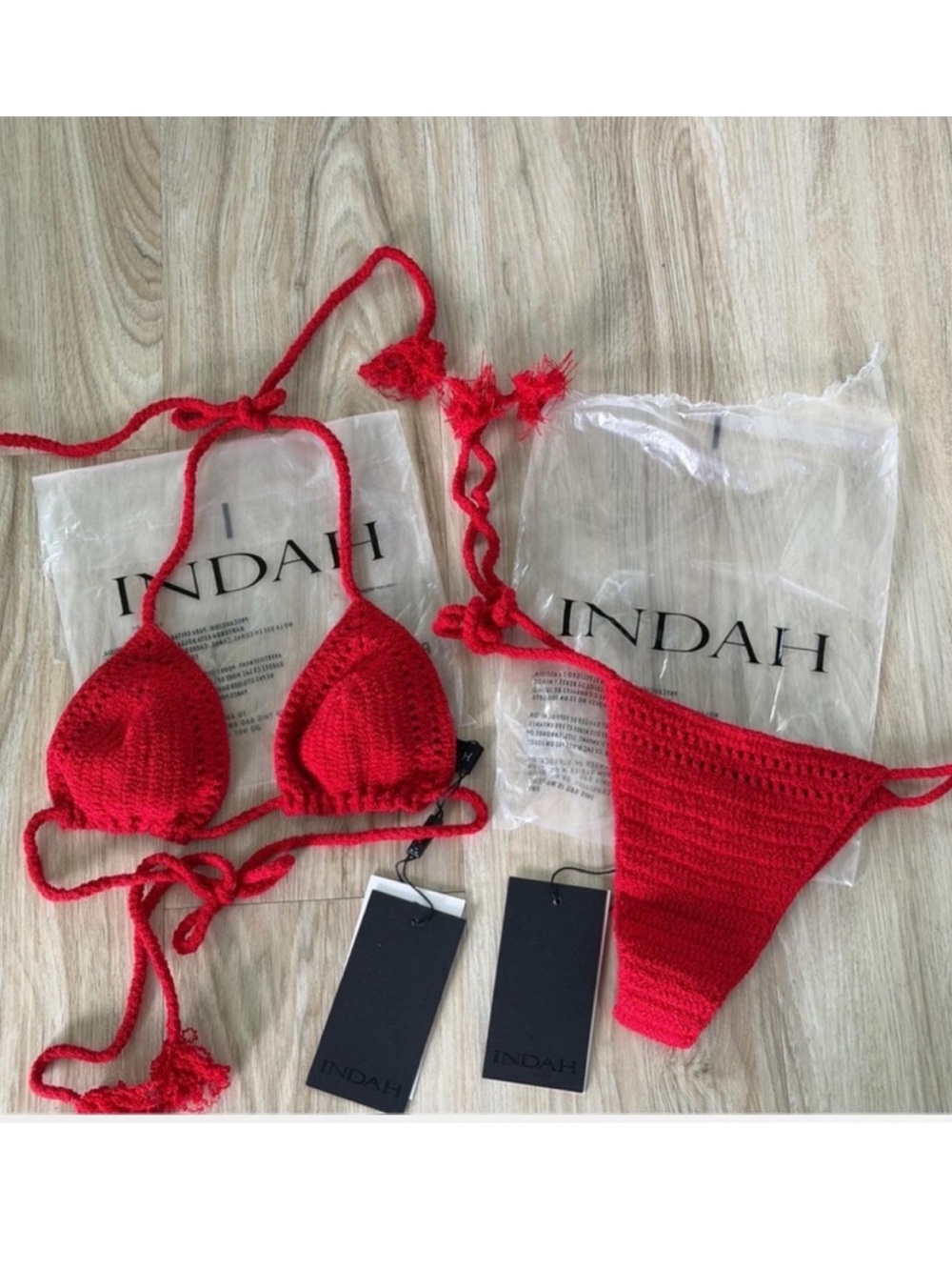 Indah “Bobbie” Crochet Bikini Top + “Jenie” Tie Bottom in Ruby (NWT) - Picture 2 of 6